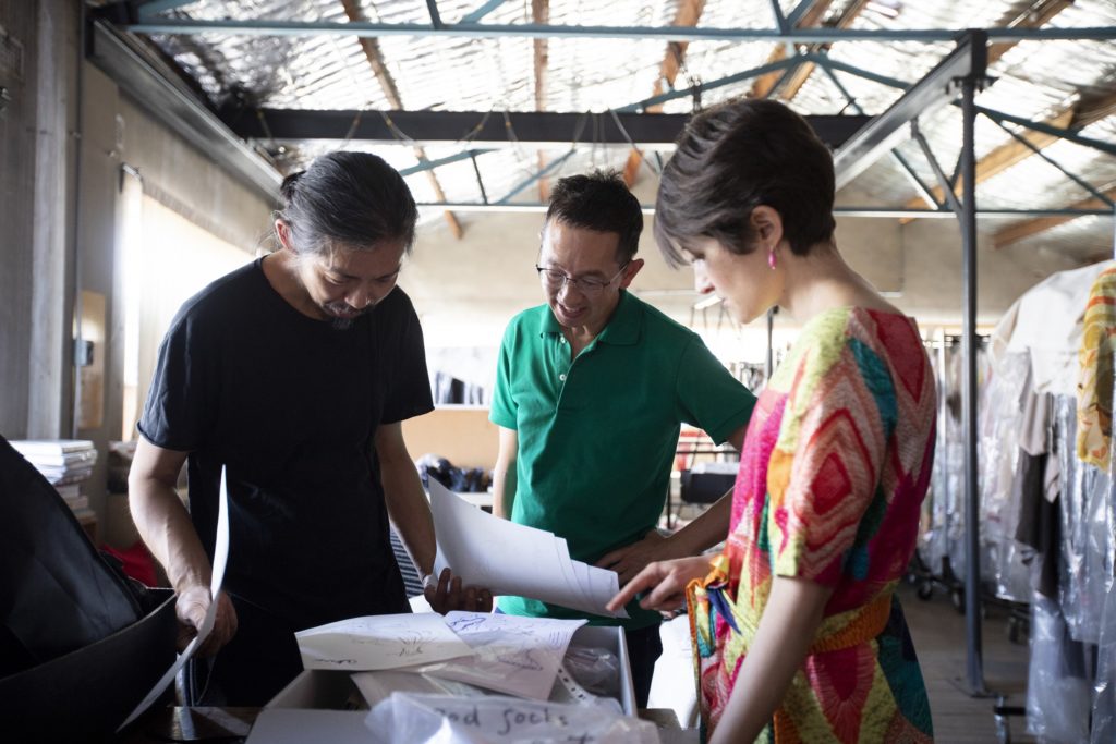 Akira Isogawa with MAAS curators Roger Leong and Kristina Stankovski in Akira’s Sydney studio